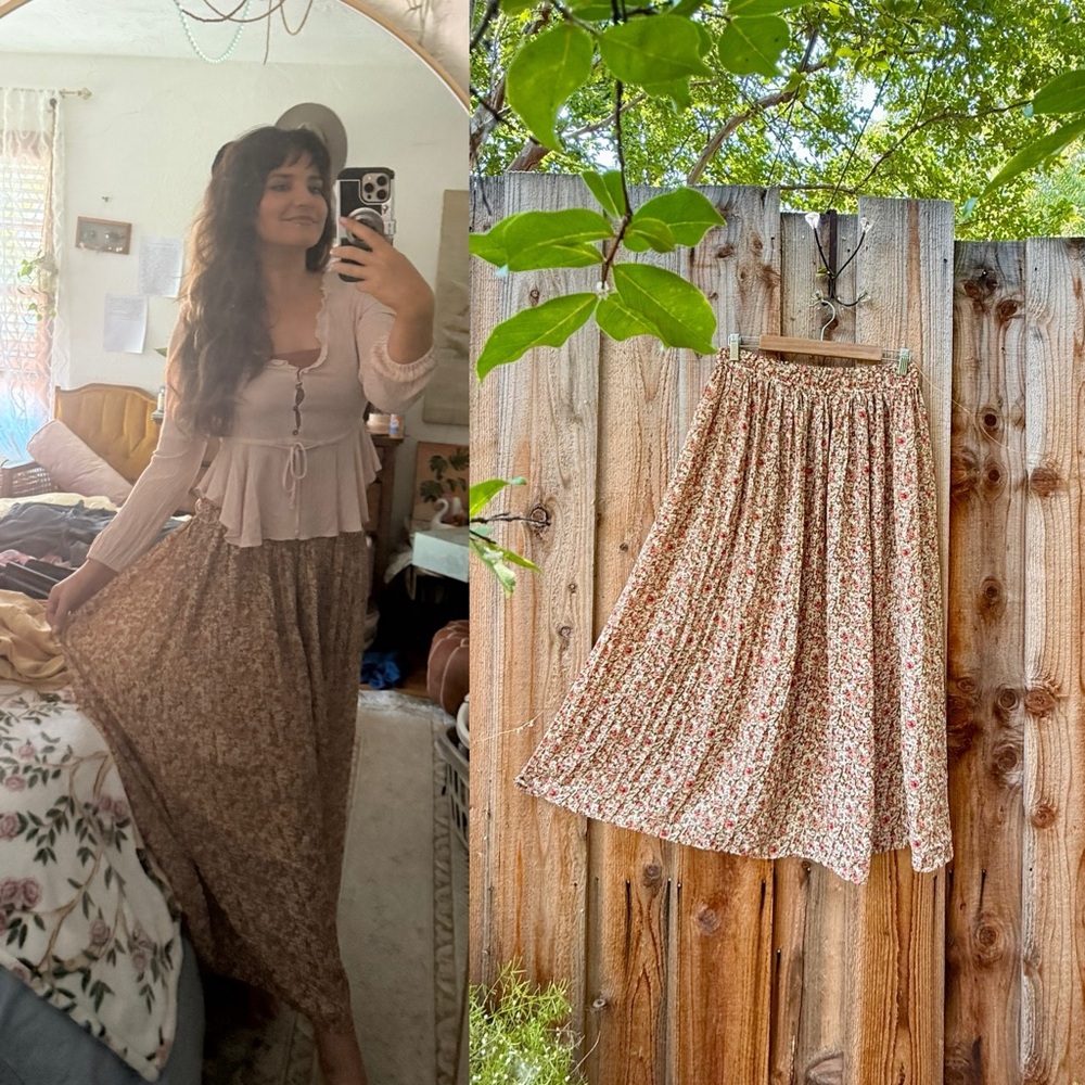 Vintage Peachy Tan Floral Flowy Sheer Maxi Skirt 🌿